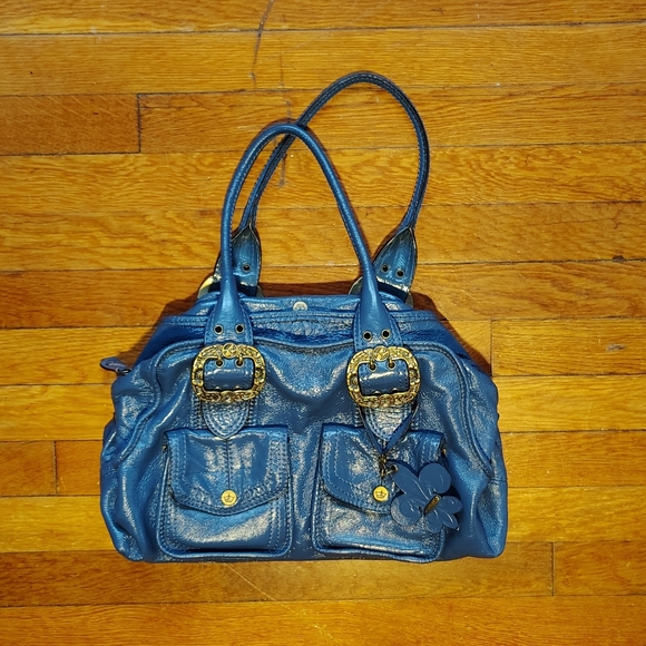 SOLD Y2K Vintage Gianni Bini Blue Leather Handbag Purse w/ Buckles & Keychain - Picture 3 of 8